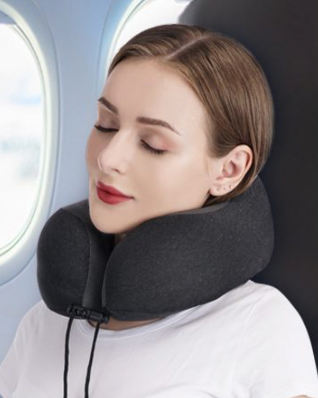 MLVOC travel pillow worn on airplane seat showing neck support and U-shape design