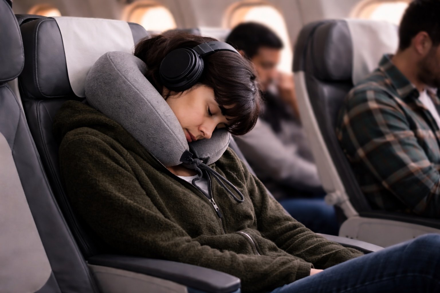 Airplane passenger leaning forward with a travel pillow failing to support the neck during a long flight, illustrating poor ergonomics and head drop.