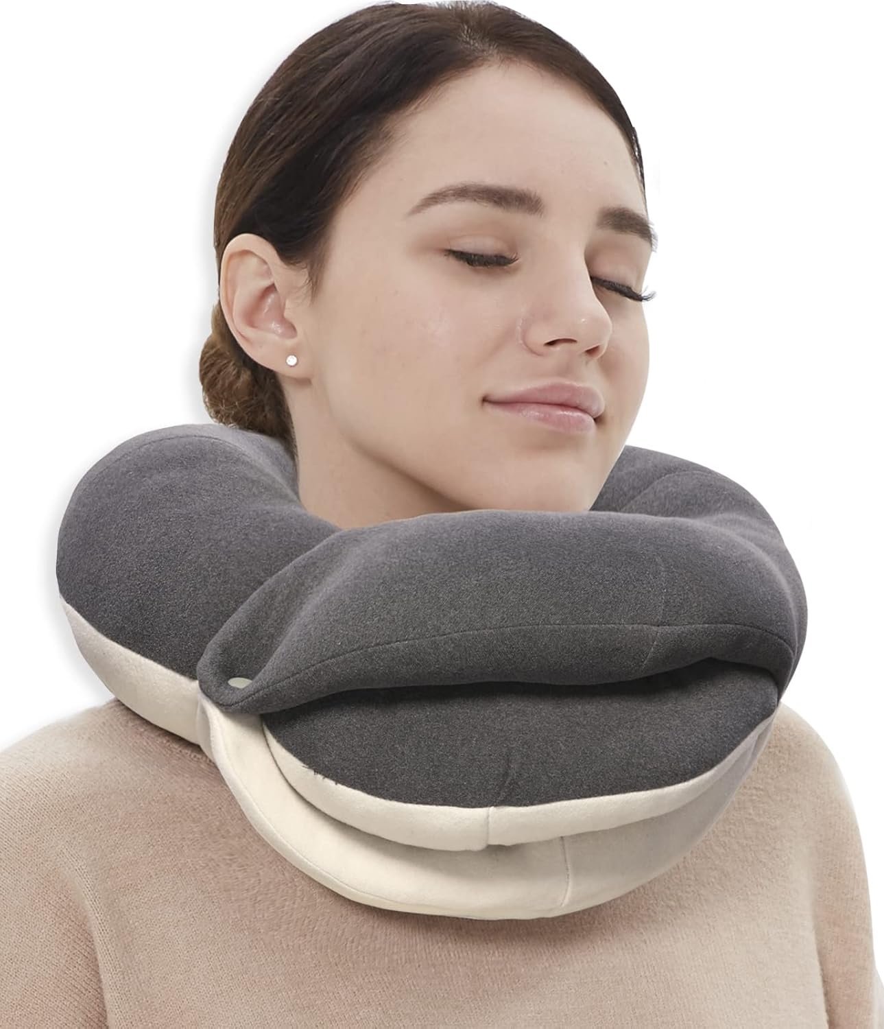BUYUE travel neck pillow worn on an airplane seat showing ergonomic U-shape neck support during flight