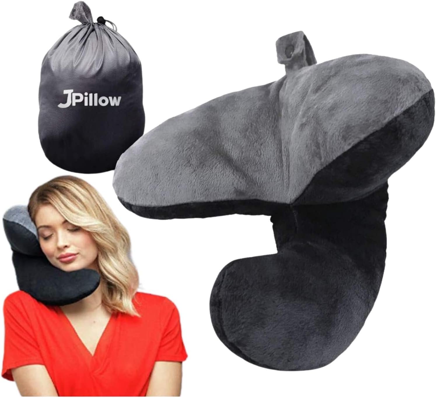 J-Pillow travel pillow supporting chin and side of head in airplane seat