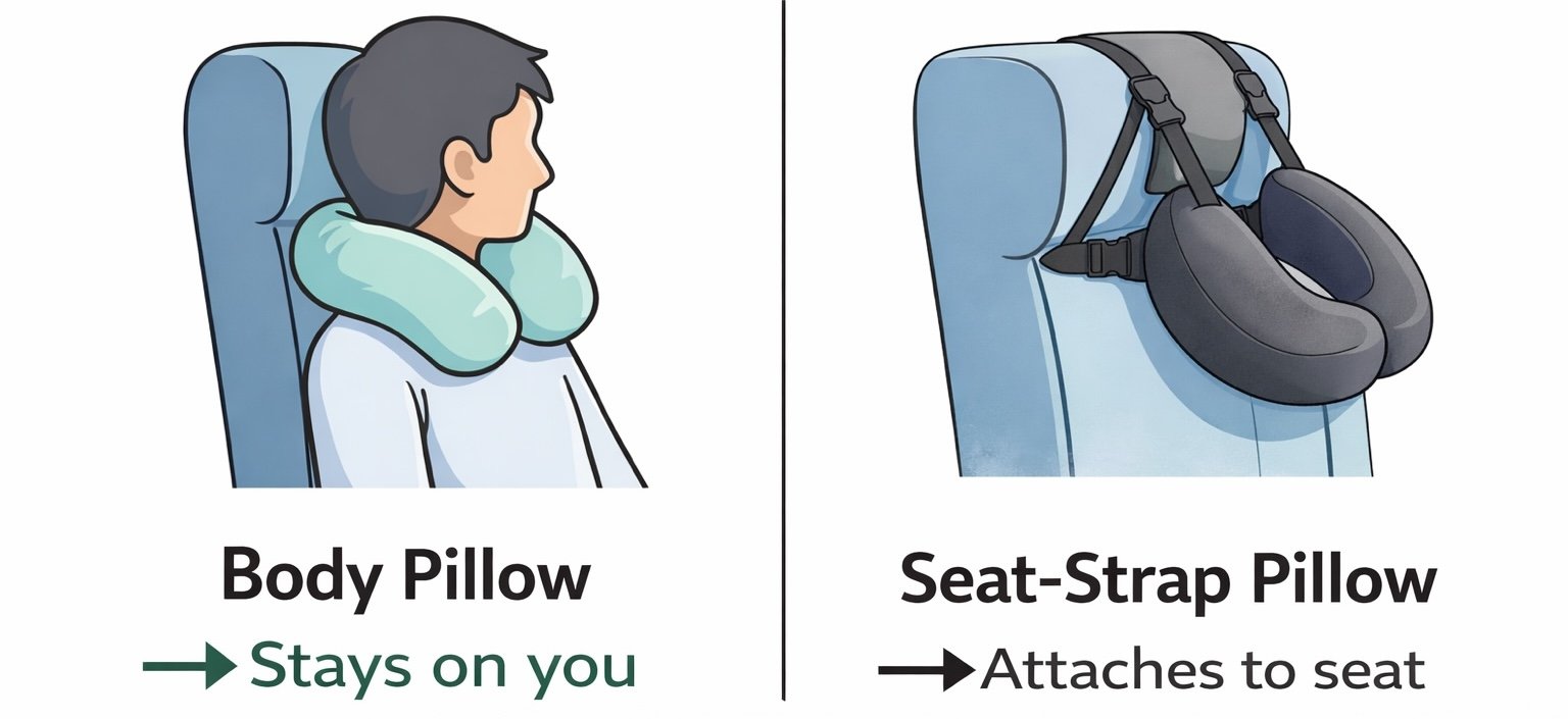 Body-worn travel pillow vs seat-strap travel pillow showing one stays on the user and one attaches to the airplane seat