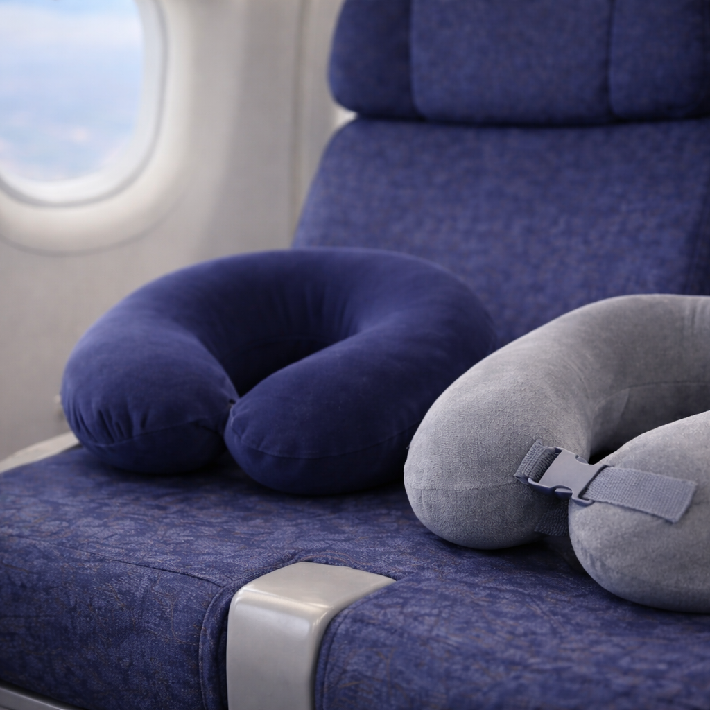 Travel pillows displayed on an airplane seat