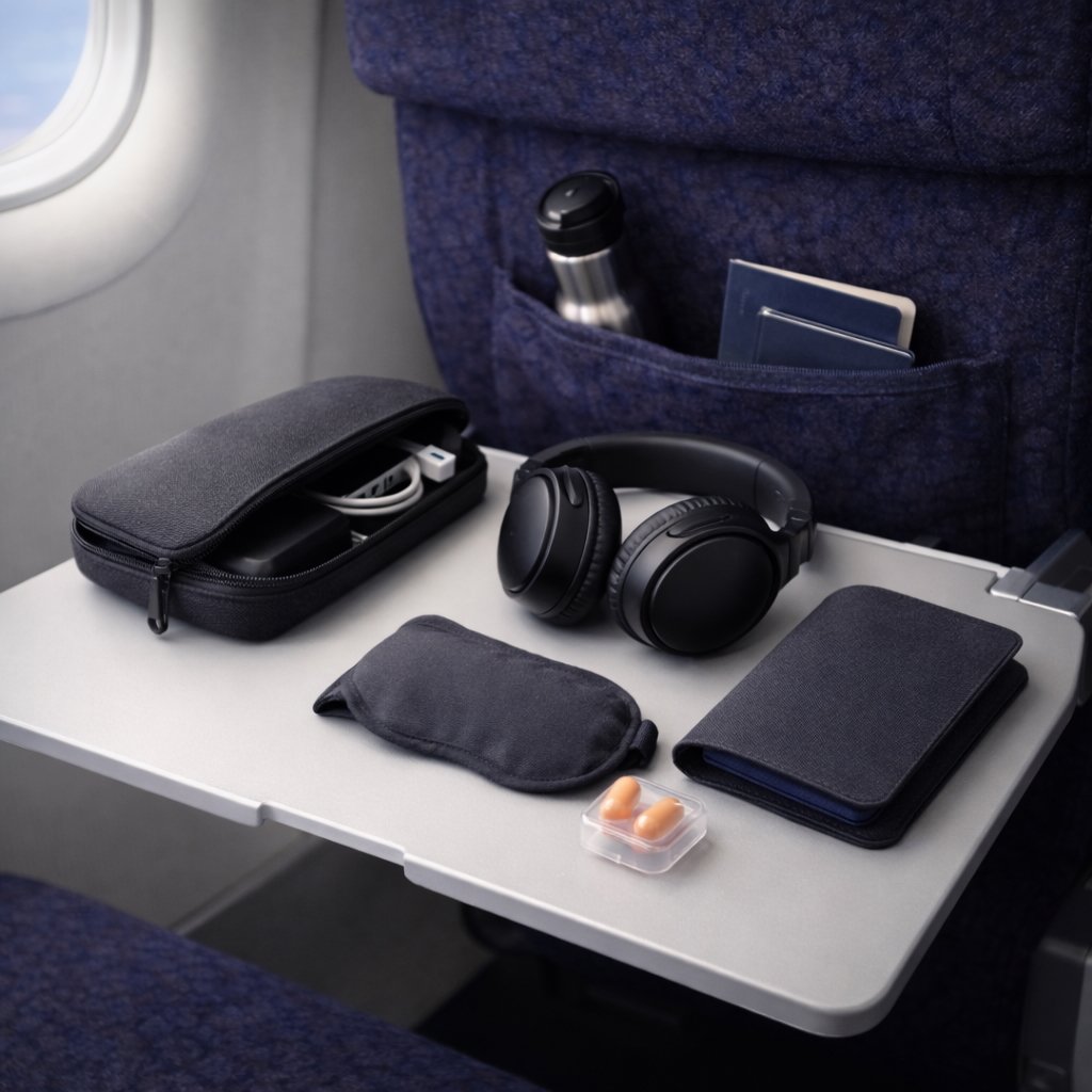 Travel accessories arranged on an airplane seat, including headphones, neck pillow, eye mask, and travel pouch.
