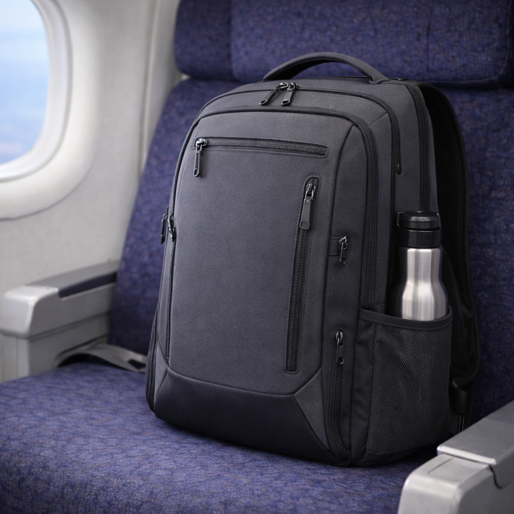 Travel backpack placed in a travel setting