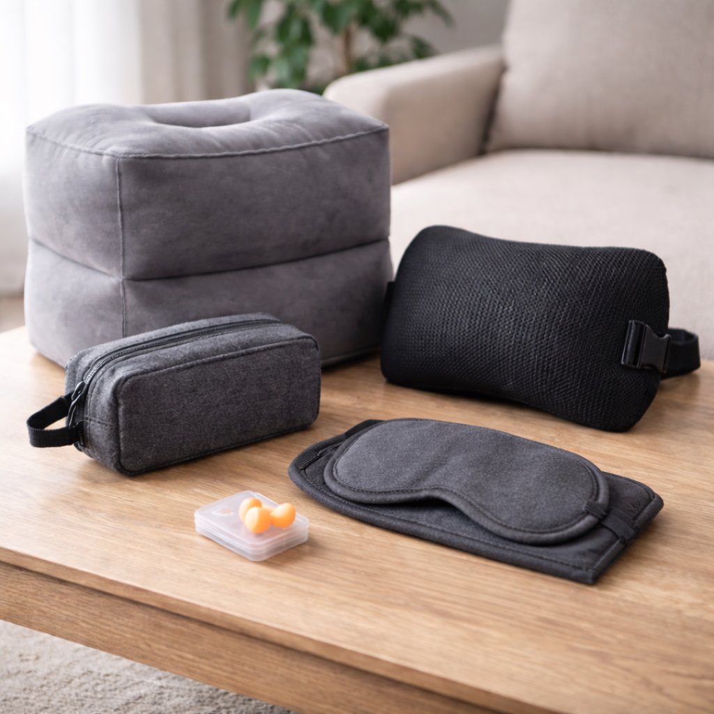 Travel comfort accessories arranged on a wooden table, including eye mask, neck pillow, socks, and reusable water bottle.