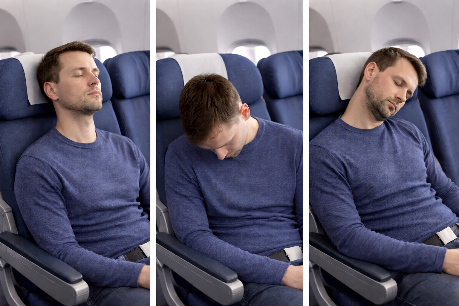 Airplane passenger demonstrating side sleeping, forward head drop with chin to chest, and upright sleeping positions for travel pillow comparison