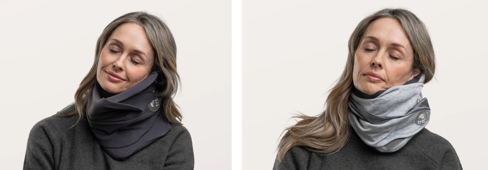 Trtl Pillow vs Trtl Pillow Plus comparison showing fixed brace and adjustable support designs on an airplane seat