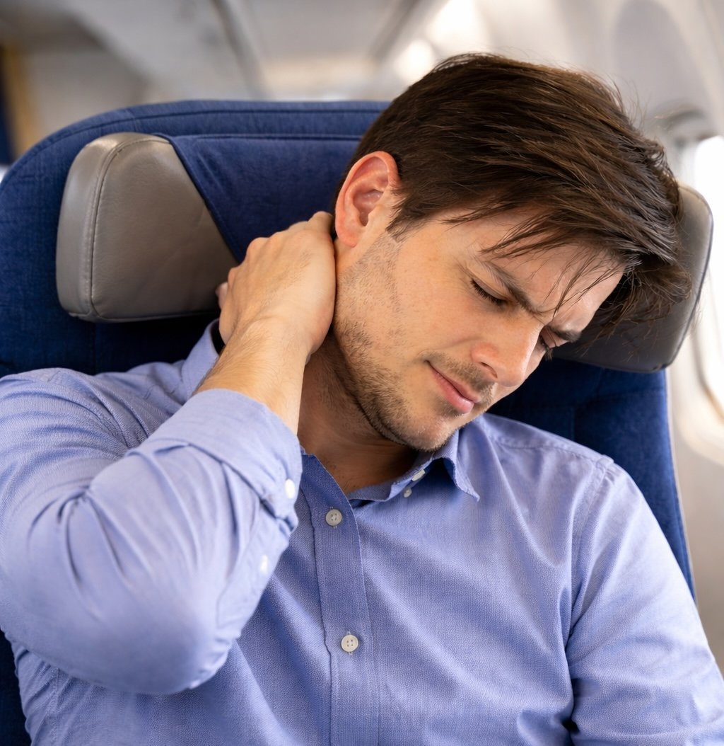 airline headrests neck pain caused by forward head posture in economy class seat