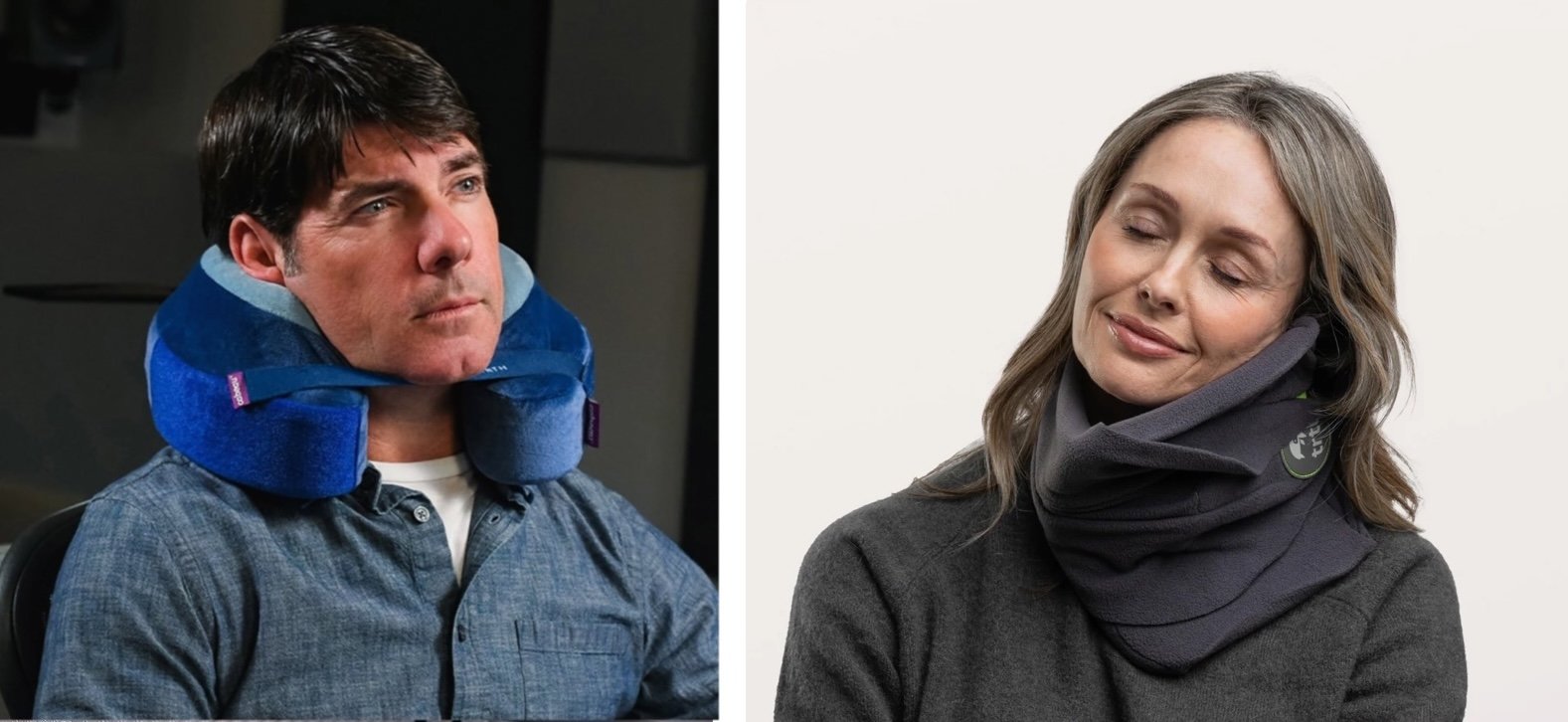 Trtl vs Cabeau Evolution Earth travel pillow comparison on airplane seat
