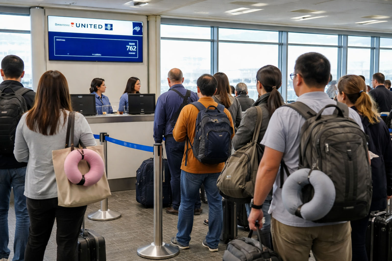 Passengers boarding a United Airlines flight at the gate with carry-on bags and neck pillows