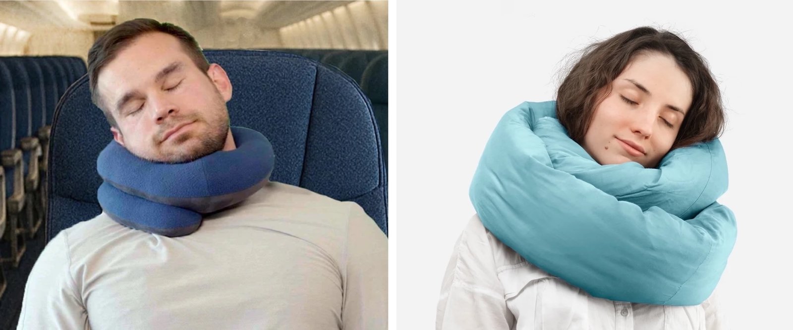 Infinity Pillow and BCOZZY travel pillow compared on airplane seat