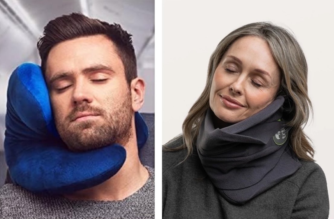 J-Pillow vs Trtl travel pillow showing side support and fixed brace design differences