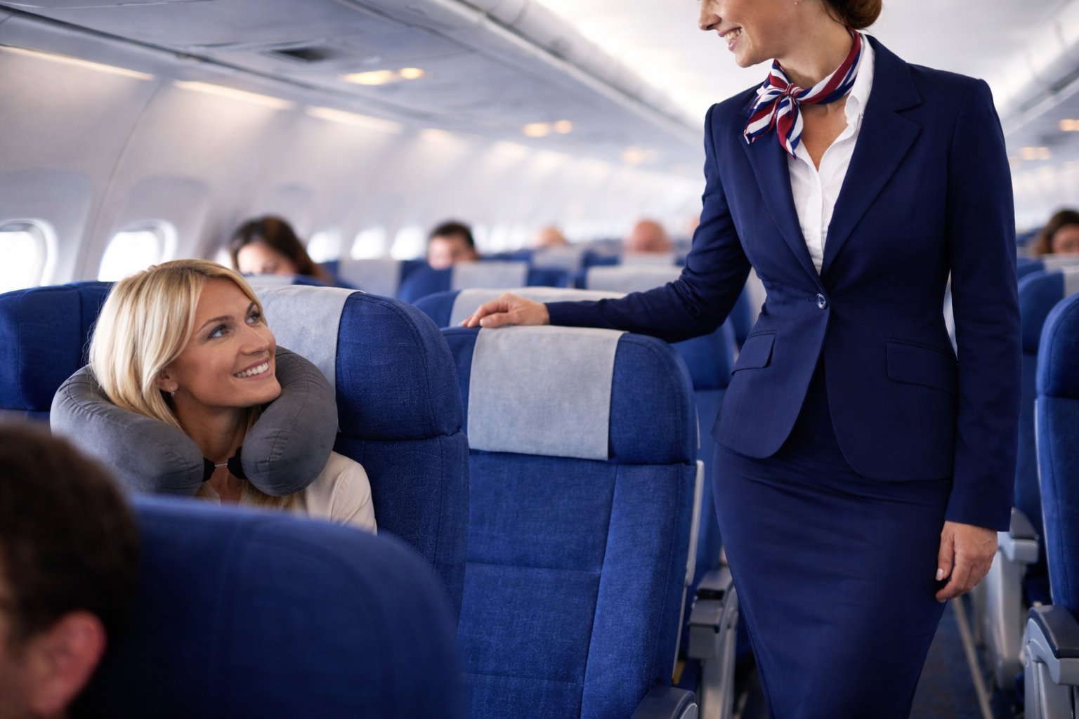 Passenger wearing travel pillow while flight attendant checks cabin before takeoff