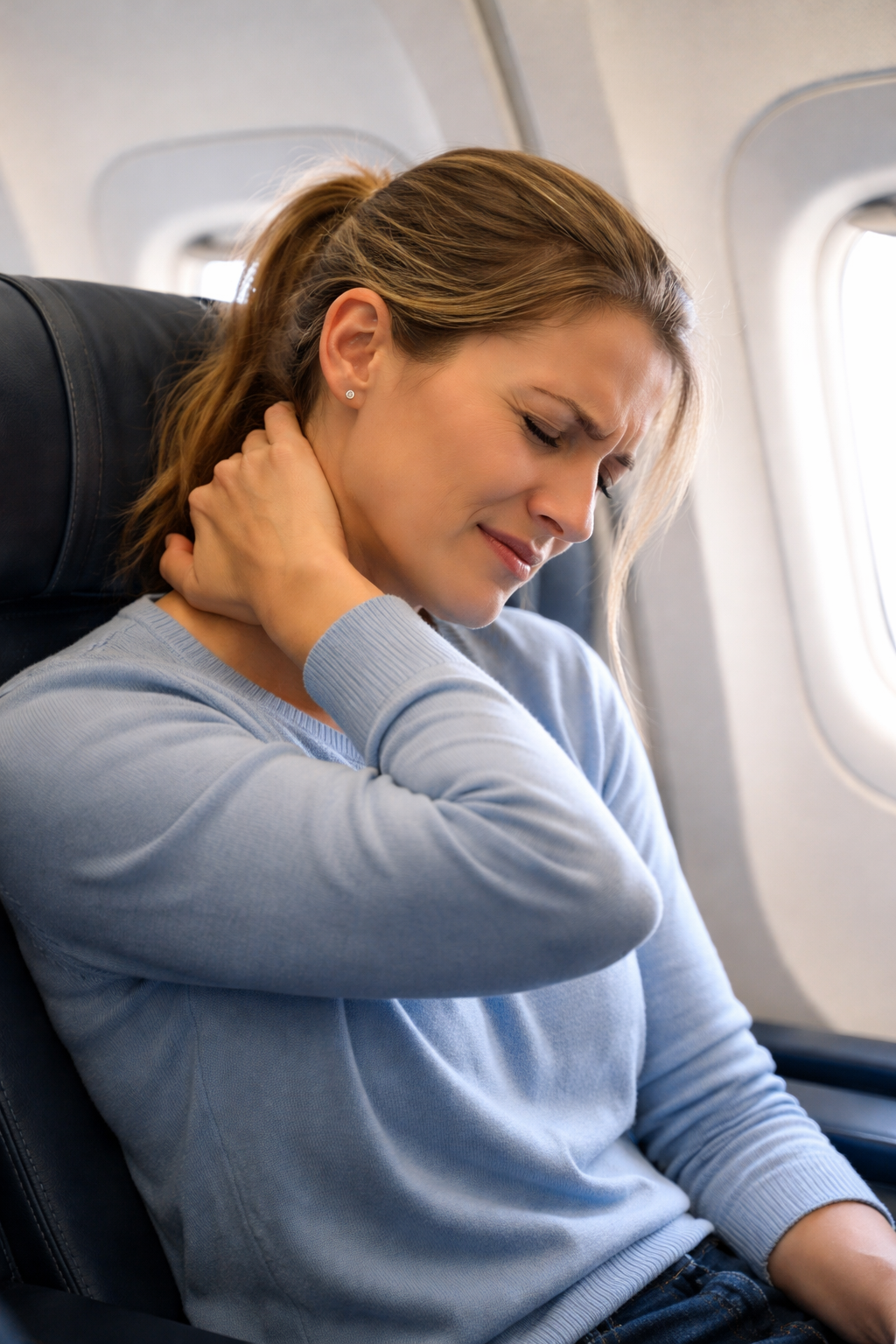 Passenger experiencing neck pain while sitting in an airplane seat during a flight
