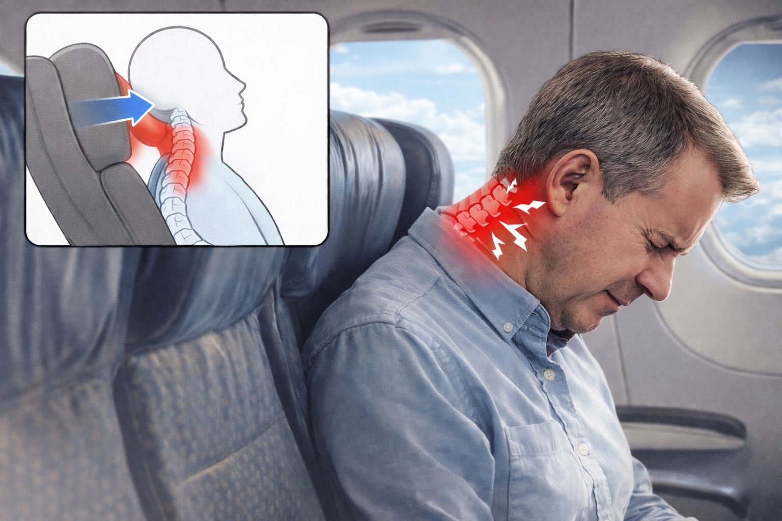 Airplane seat neck pain caused by headrest pushing the head forward during a long flight.