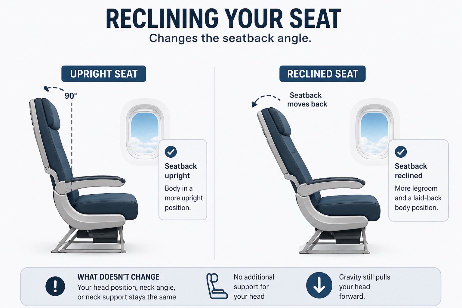 Diagram of airplane seat reclining showing seatback movement but no change in head support or neck position