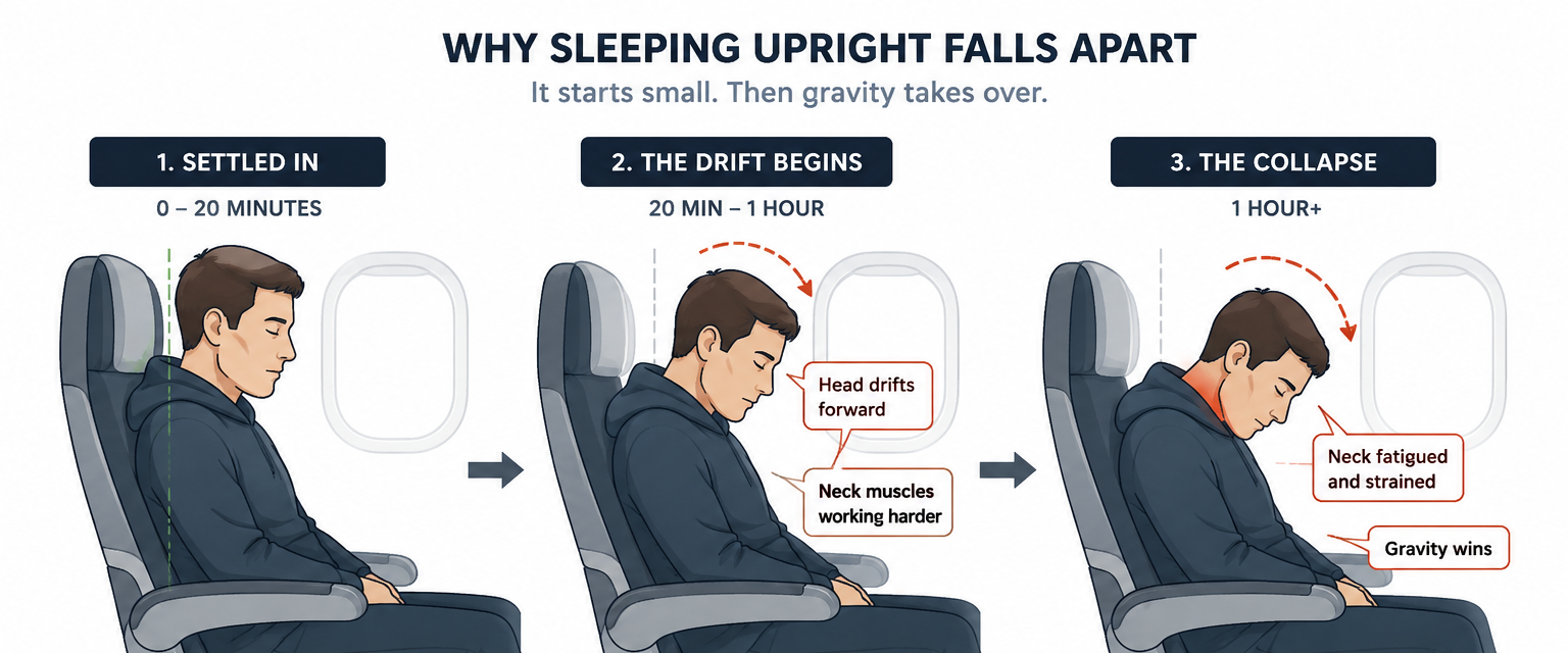 Illustration showing how sleeping upright on a plane gradually fails over time as the head drifts forward, neck muscles fatigue, and posture collapses during a flight.