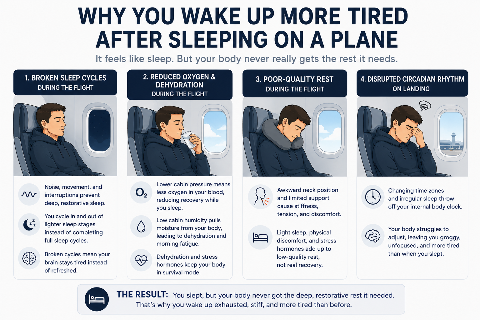 Why sleeping on a plane leaves you more tired infographic showing broken sleep cycles, dehydration, low oxygen, poor neck support, and disrupted circadian rhythm during flights.