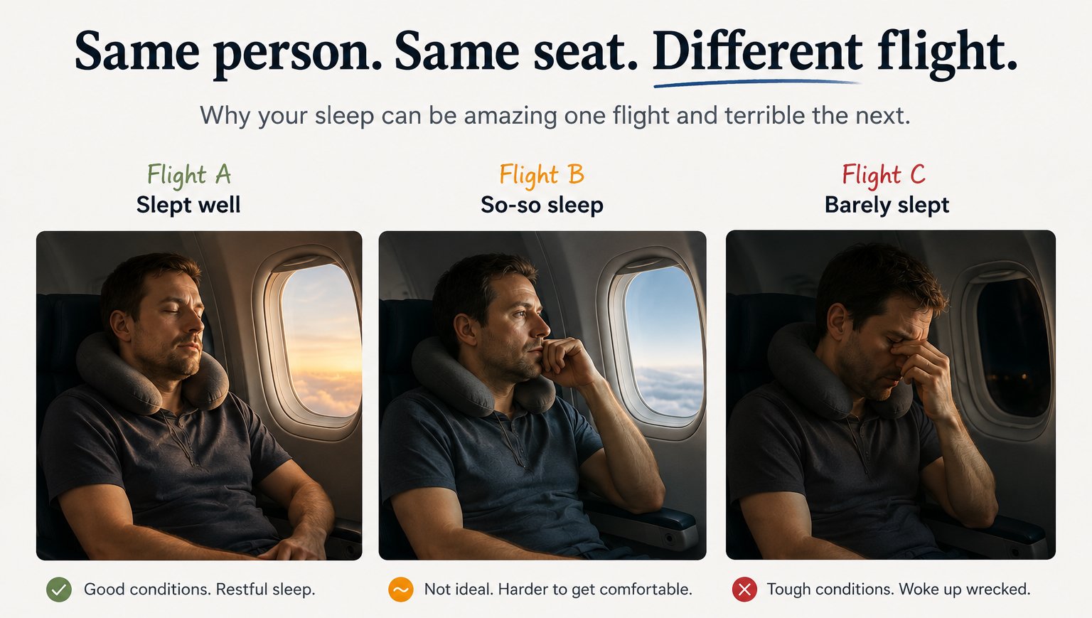 Illustration showing the same airline passenger on three different flights, ranging from restful sleep to poor sleep, demonstrating how flight conditions can affect sleep quality in economy class.