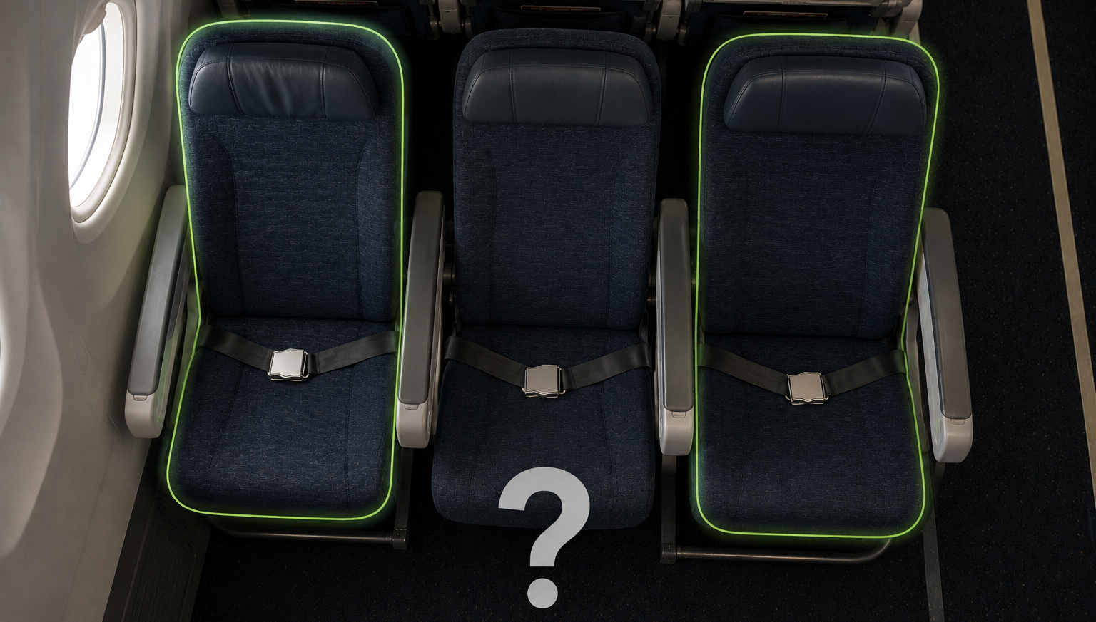 Overhead view of airplane window and aisle seats highlighted in economy class, illustrating different seat choices for sleeping on planes.