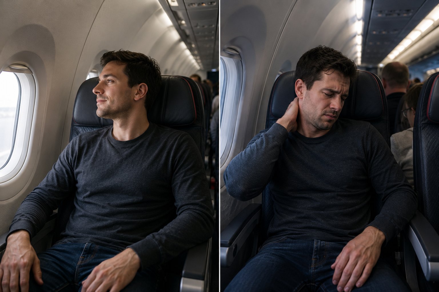 Traveler experiencing different comfort levels on two economy flights despite similar seats and flight times